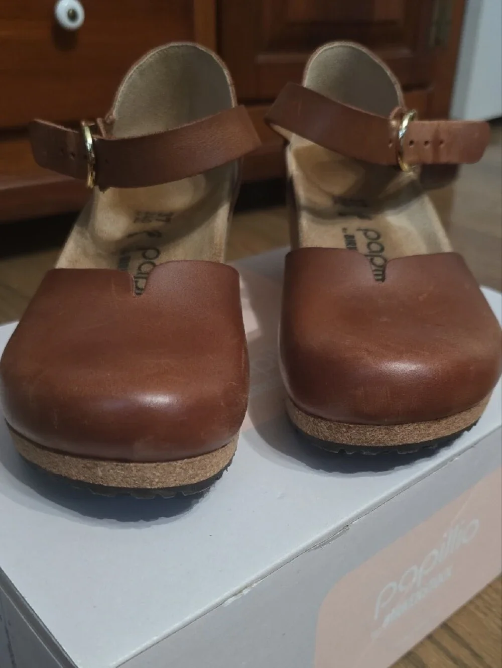 Papillio Cognac Mary Ring-Buckle Ankle Strap Wedge Sandals - Birkenstock 37